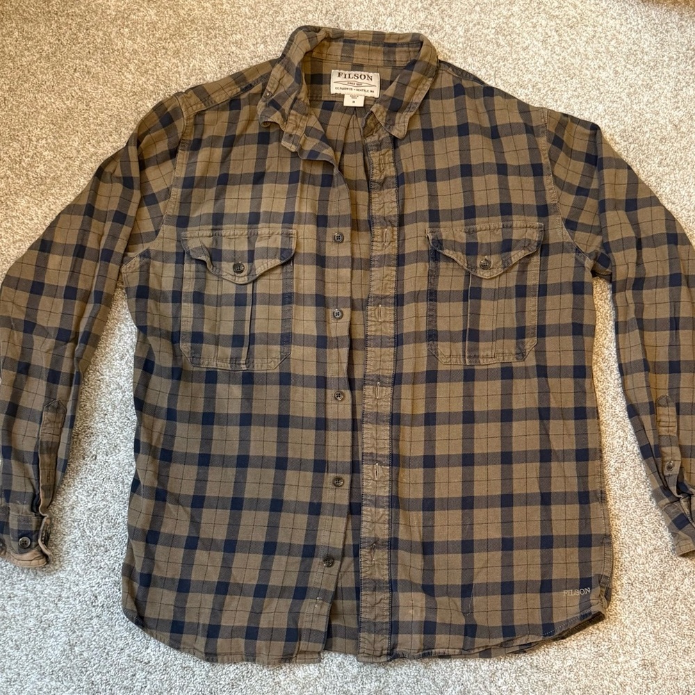 Filson Brown and Navy Plaid Long-Sleeve Button Down Shirt